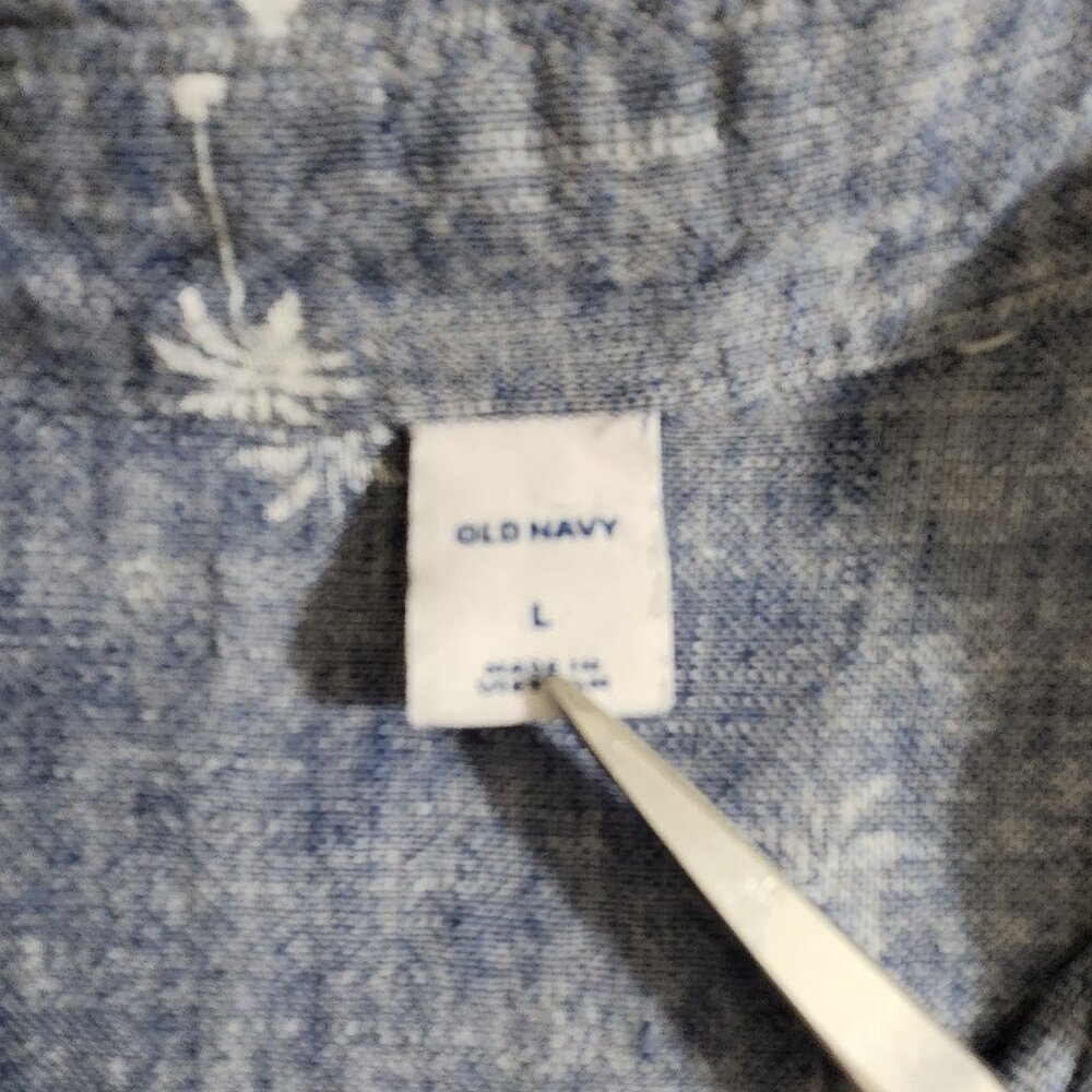 Old Navy Women's Large Denim Linen Blend Palm Tree Button-Down Tie-Front Shirt - Picture 15 of 16